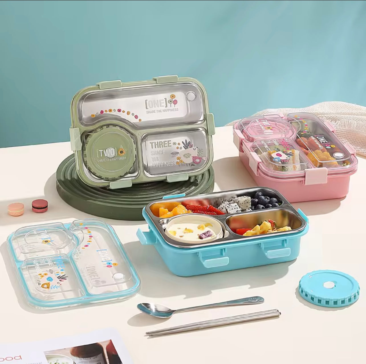 Leak-Proof 3-Compartment Stainless Steel Lunch Box with Dip Container – BPA-Free, Kids & Adults Bento Box