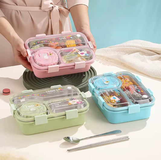 Leak-Proof 3-Compartment Stainless Steel Lunch Box with Dip Container – BPA-Free, Kids & Adults Bento Box