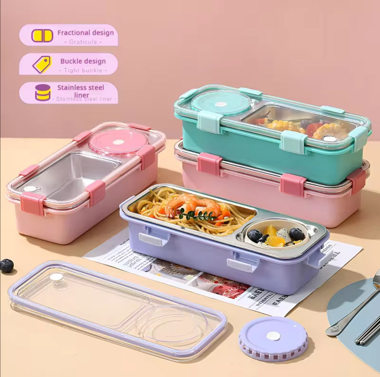 Compact 2-Compartment Stainless Steel Bento Lunch Box with Sauce Cup – 600ml Leakproof & Portable for Students & Work