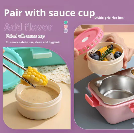 Compact 2-Compartment Stainless Steel Bento Lunch Box with Sauce Cup – 600ml Leakproof & Portable for Students & Work