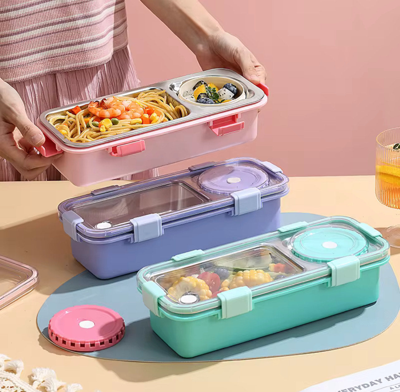 Compact 2-Compartment Stainless Steel Bento Lunch Box with Sauce Cup – 600ml Leakproof & Portable for Students & Work