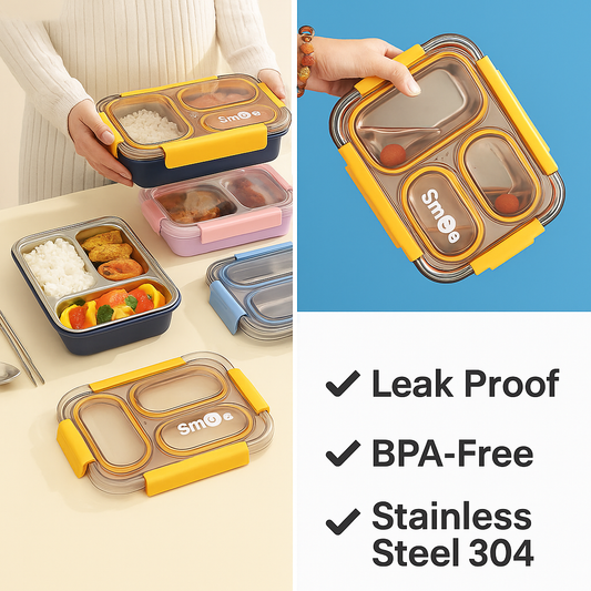 SP304 Leak-Proof Stainless Steel Bento Lunch Box – 3 Compartments | Eco-Friendly | Multiple Colors