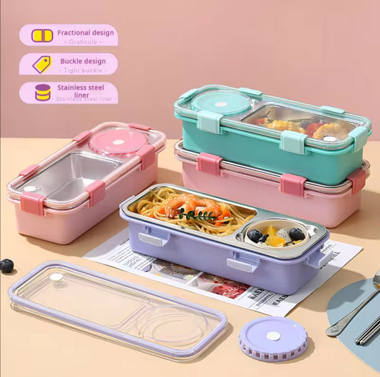 Compact 2-Compartment Stainless Steel Bento Lunch Box with Sauce Cup – 600ml Leakproof & Portable for Students & Work